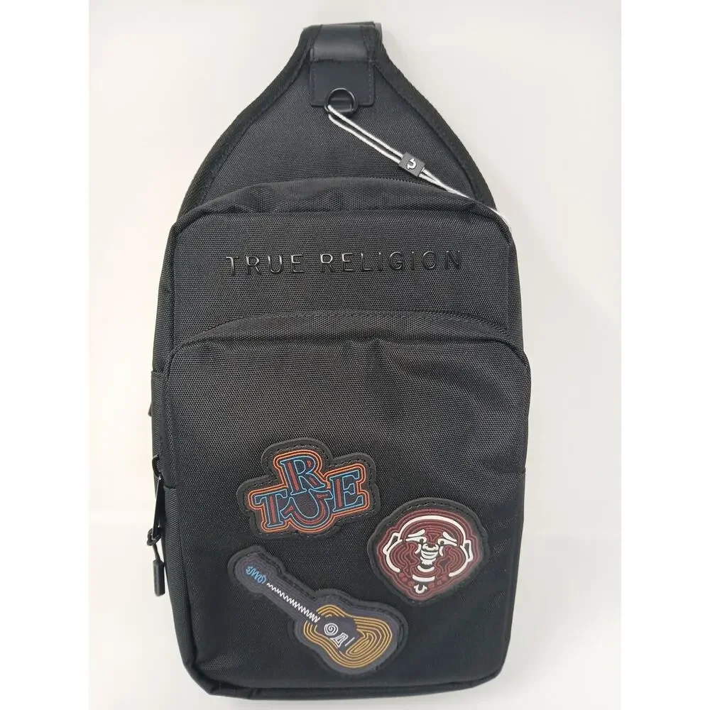 True Religion Black Crossbody Bag Men Zip Outer Pockets Guitar Character